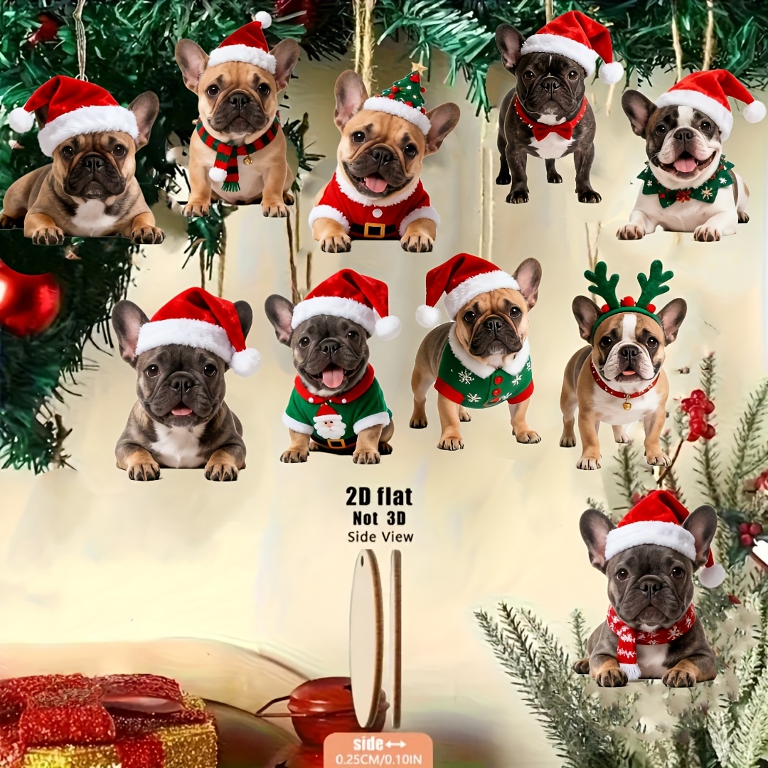TEMU 2d Flat, 10pcs French Bulldog Wooden Hanging Ornaments With Santa Hats - Artificial Frenchie Dog Decor Suitable For Tree & House, Christmas New