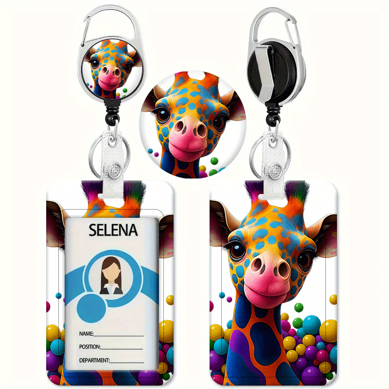 TEMU Cartoon Giraffe Design With Orange And Blue Gradient Bubble Print Card Holder, Retractable Badge Lanyard - Id And Credit Card Holder, Heavy-duty