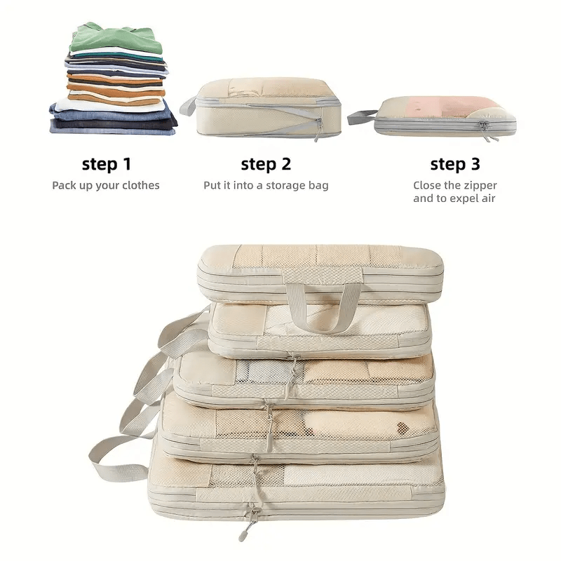 Set of 5 Lightweight Compression Packing Cubes for Travel, Durable Luggage Organizers in Beige and Black