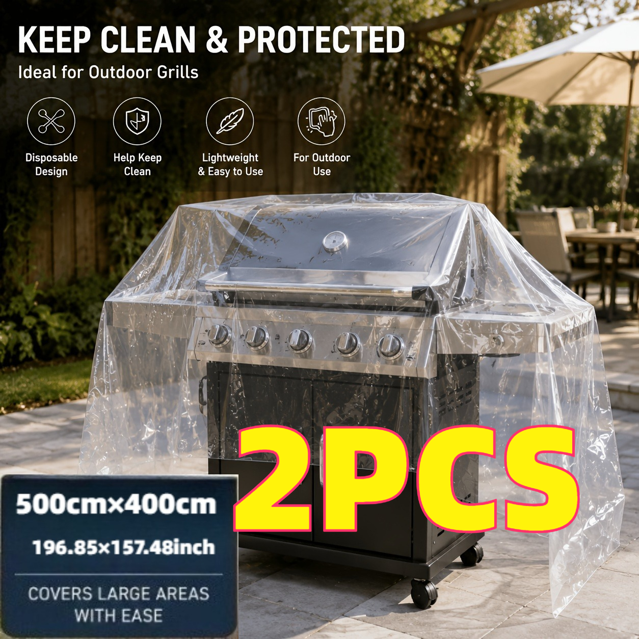 TEMU 2pcs, 5m X 4m (500 X 400cm) Sheets, Disposable Transparent Plastic Sheeting - Ultra-thin Outdoor Patio Cover, Suitable For Protection Of Tables,