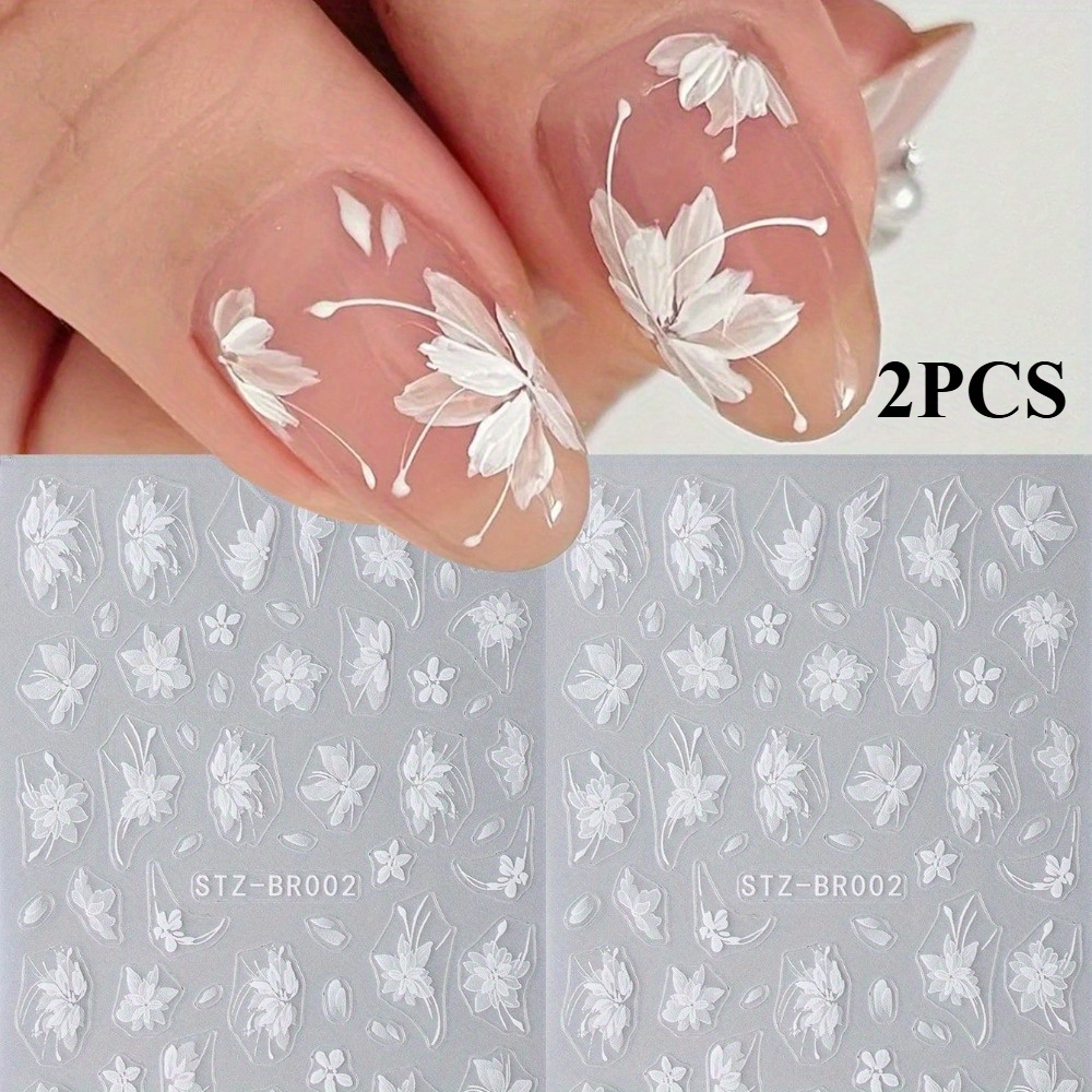 2pcs White Flower Nail Art Stickers Simple Plant Self-adhesive Nail Stickers Wedding Nail Decals Diy
