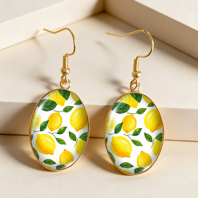 Image of 1 Pair Sunny Lemon Fruits Earring Golden Oval Dangle Earrings Dome Jewelry