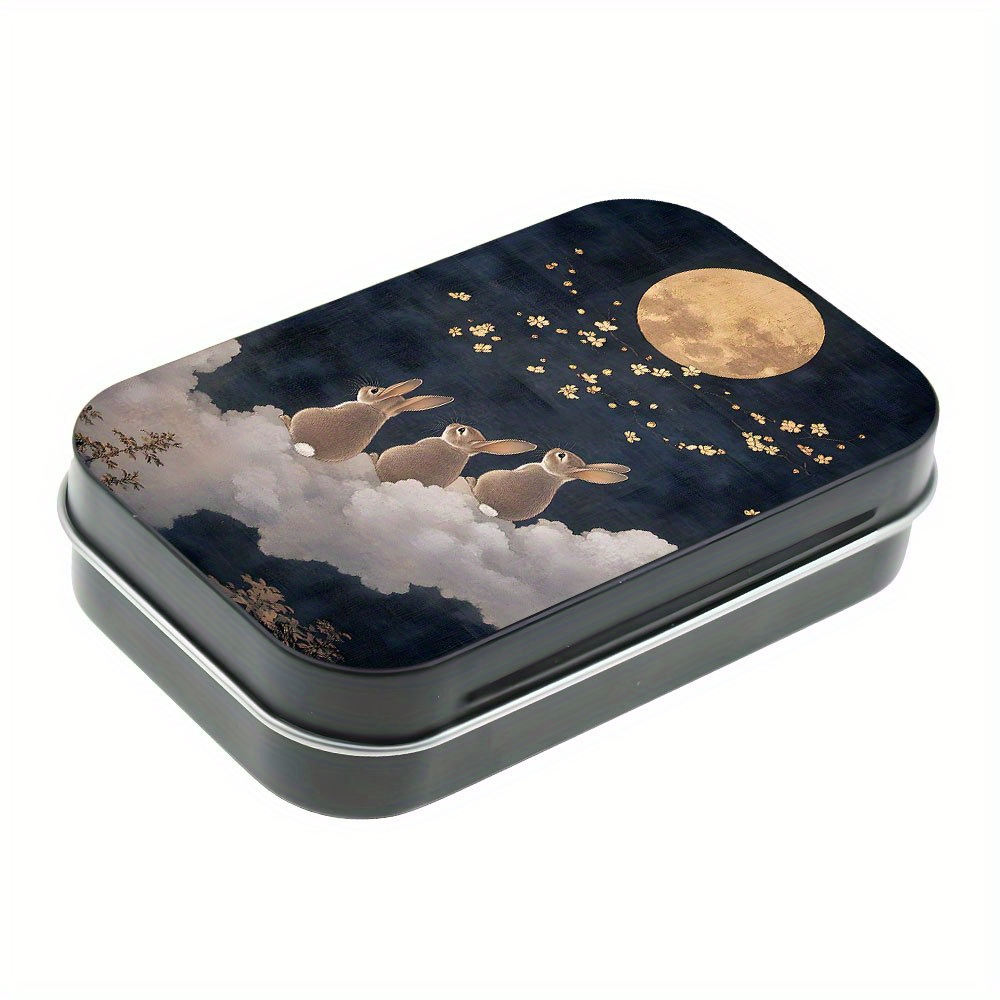 E-shop 1 Stück Kaninchen- und Mond-Metall-Tin-Box mit Klappdeckel – Tragbarer Rechteckiger Aufbewahrungsbehälter, Robuster Metall, Ideal für Schmuck,