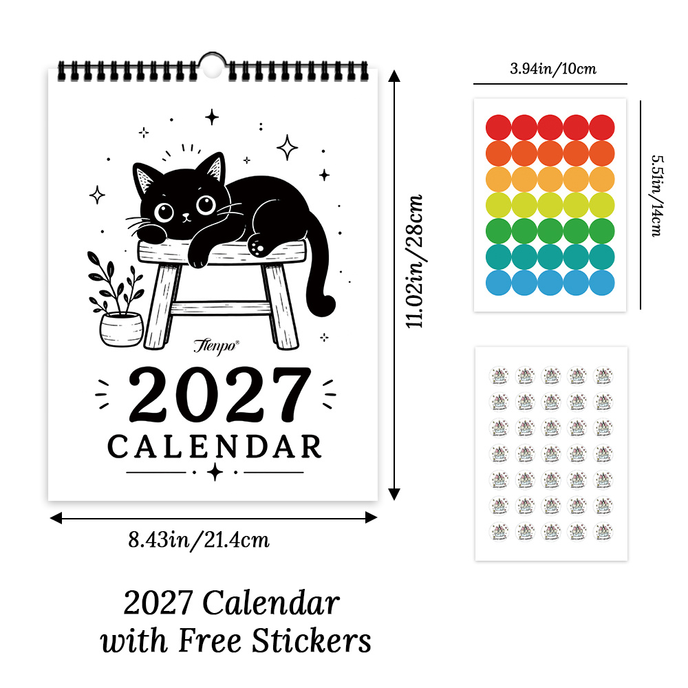 TEMU 1 pièce Calendrier TLENPO 2027 pour des Chats - Calendrier Mural Peint à avec Chaton , Agenda Mensuel pour Maison/Bureau/École, Autocollants