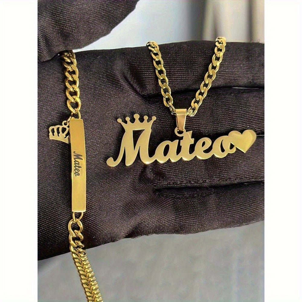 TEMU Elegant And Stylish Custom 2pcs Personalized Name Jewelry Set, 304l Stainless Crown Name Pendant, Electroplated 304l Stainless Steel Material,