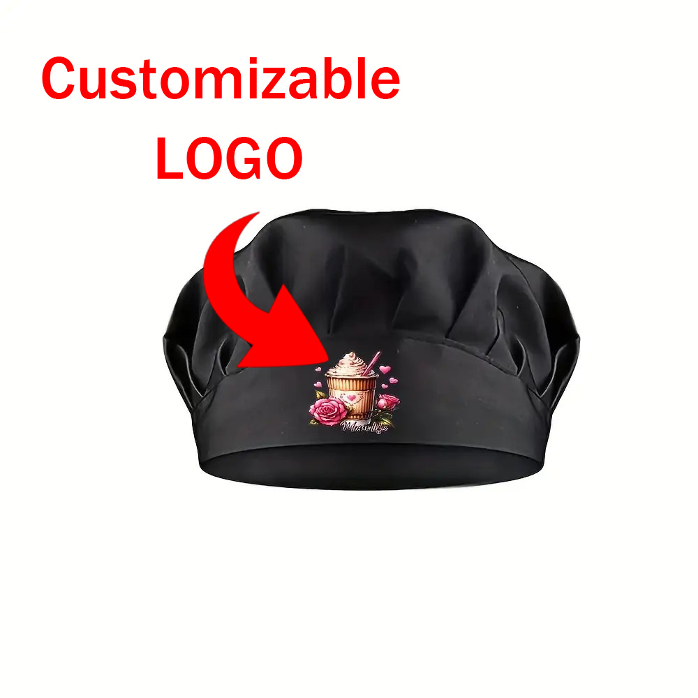 TEMU Customizable Images Or Logos 1 Adjustable Elastic Chef Hat- Black With Cupcake And Rose Pattern, Lightweight Polyester Fiber, Machine Washable,