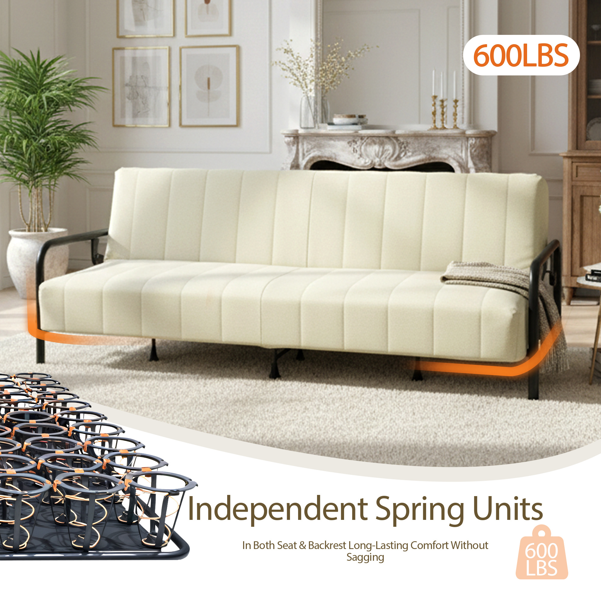 Modern Convertible Upholstered Sofa Bed with Adjustable Backrest & Independent Spring Support - Heavy-Duty Metal Frame, 600 Lbs Weight Capacity, Smooth Flat Sleeper Bed for Small Spaces, Guest Room, Daybed - Assembly, Space-Saving