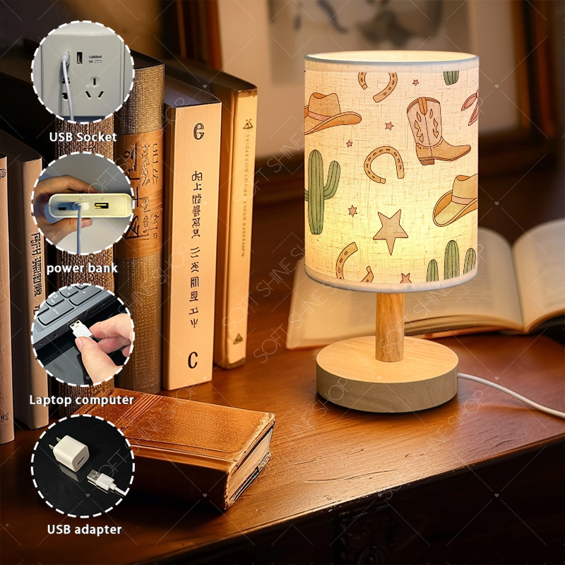 Printed Table Lamp with Fabric Shade, USB Powered for Home Decor