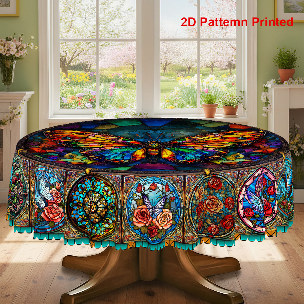 TEMU 1pc, Spring Summer Themed Party Tablecloth, Colorful Glass Rose Floral Style Printed Design, Rectangular/round/oval Table Cloth, Embossed Edge, Kitchen Dining Outdoor Picnics Dinner Decor Ideal