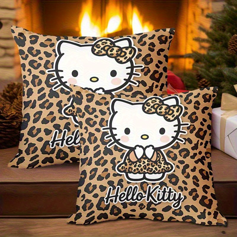 2-pack Hello Kitty Leopard Print Throw Pillowcasecases: Adorable And Stylish Decor Living Room Sofa Home Decor Pillowcasecase Cover With Zipper Closure (no Filling)