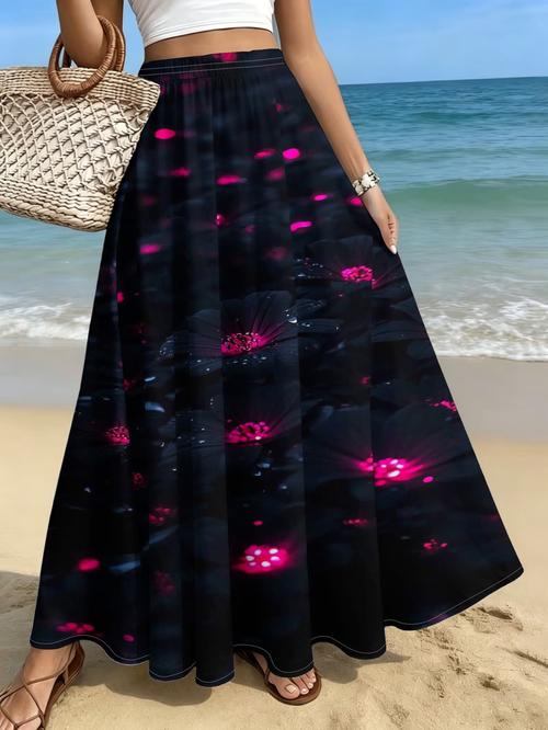 womens plus size skirt flat black floral with neon pink contrast fashionable and versatile ideal for dates beach vacations and perfect gift for women