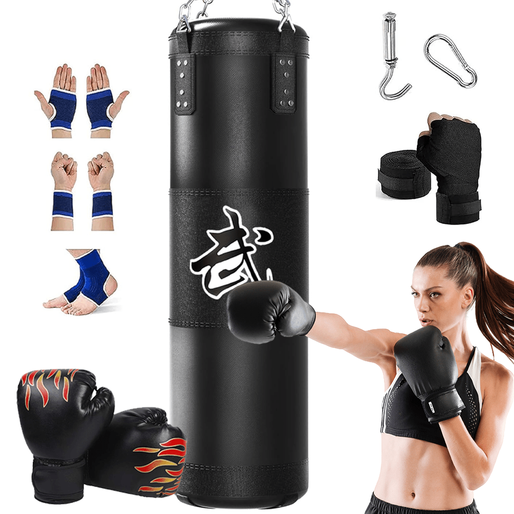 Black Canvas Hanging Boxing Punching Bag Set With Matching Gloves And Durable Steel Chain Heavy Duty Home Fitness Gear For Karate Kickboxing Taekwondo Daily Training