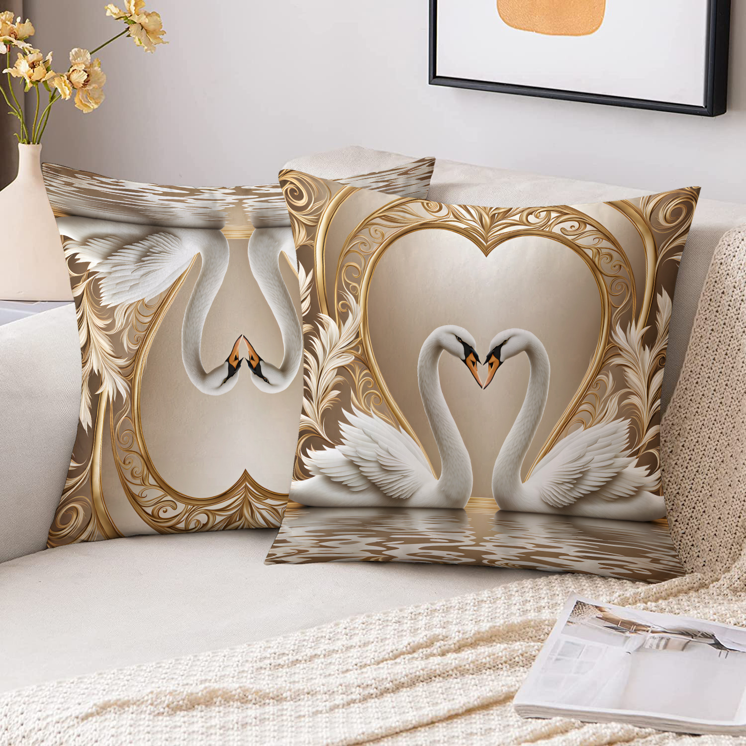 TEMU Juego de 2 fundas de almohada de tela de felpa corta con de dorado y de de , estampado , 18 x 18 pulgadas, estilo moderno artístico simple para
