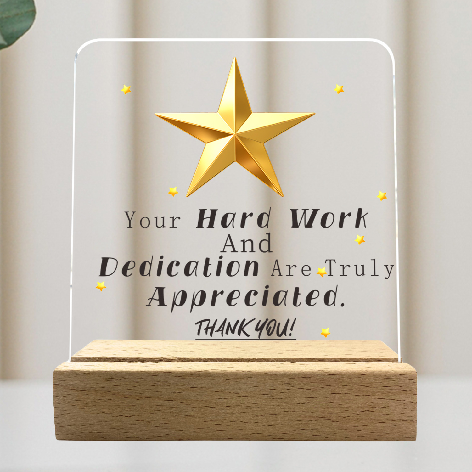 TEMU 2D Platte Acryl Print, 1 stuks Houten Basis Decoratieve Plaque - "Uw Werk En Aandacht Worden Gewaardeerd" Ster Ontwerp, Inspirerend Cadeau voor