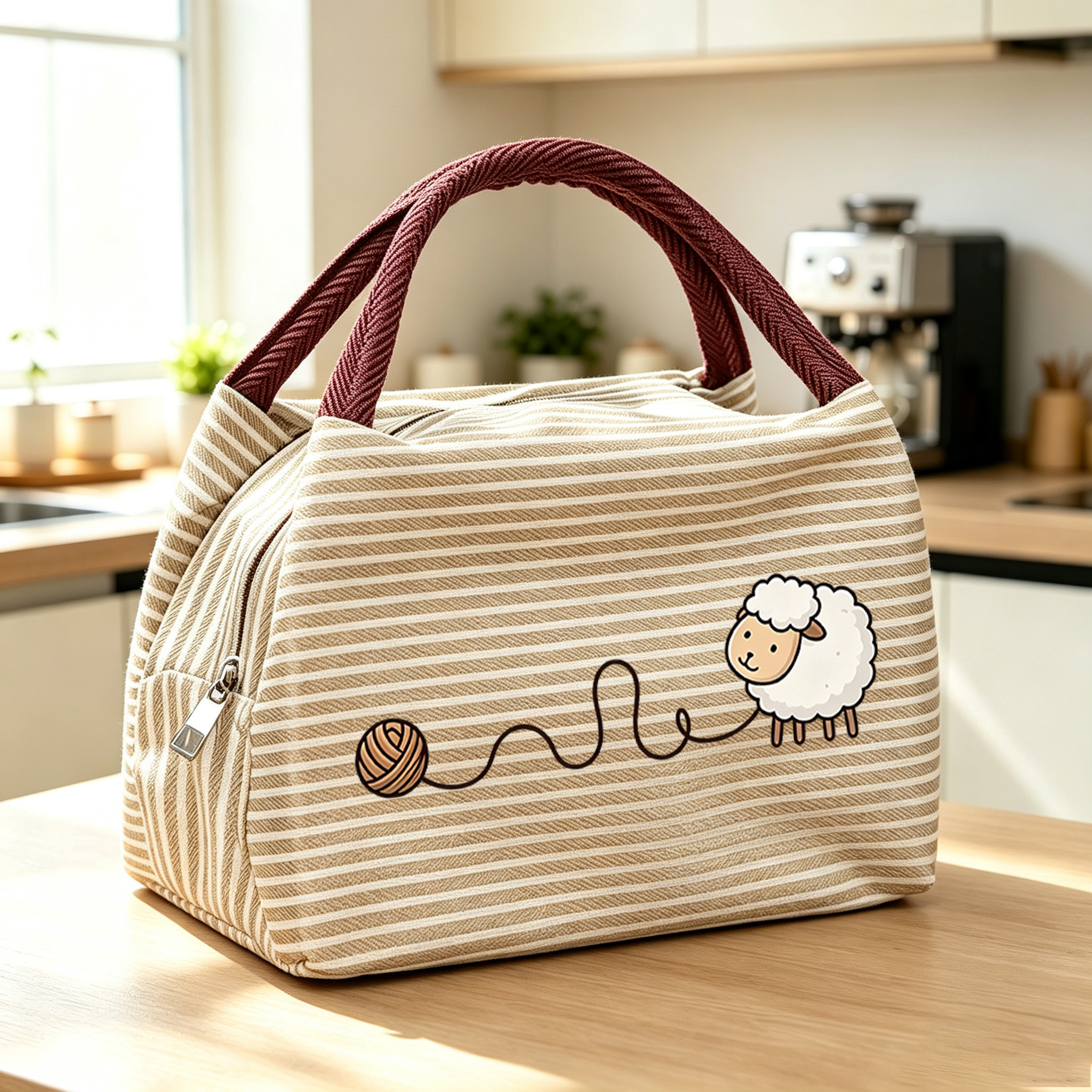 TEMU [women's Handbag] Small Size Lamb Wool Thread Ball Printed Striped Handbag, Warm Tone Contrast With Natural Atmosphere, Woven Handle Soft And