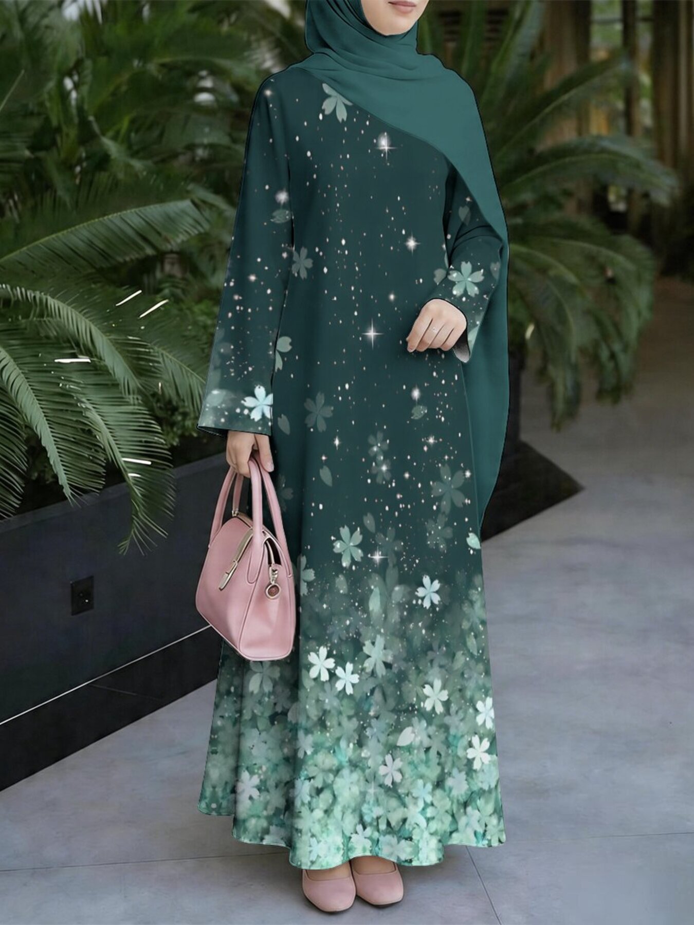 dark green dress with hijab Emerald Green Pleated Maxi Dress Women's Indian Pakistani Wedding Dresses Traditional Modest Wear Embellished Neck Waistband Loose Fit Long,S