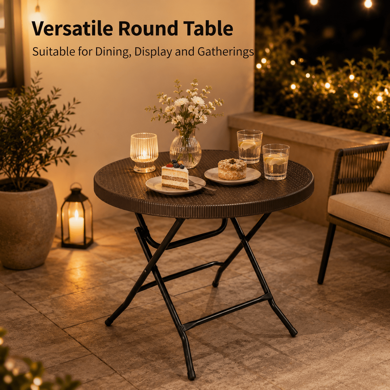 Image of 80cm Round Rattan Folding Table 74cm Height Portable Wicker Foldable Dining Table For Garden Balcony Wedding Party Catering Event Indoor Outdoor Heavy Duty Utility Table