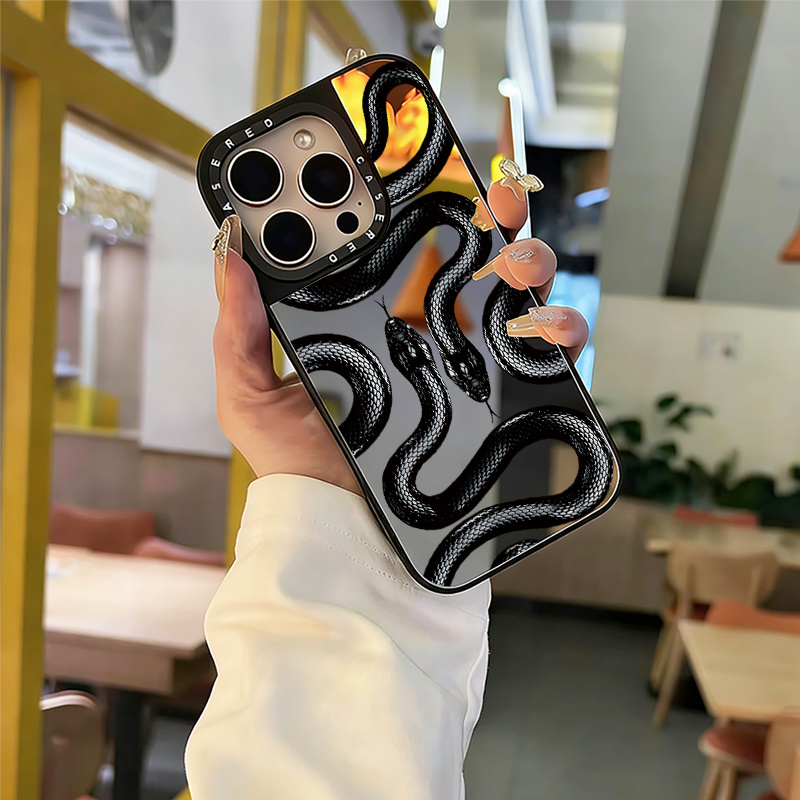 TEMU Phone Case - 1pc Case Suitable For Iphone 16 Pro Max Phone Case New Mirror Black Snake Design 15 Pro Anti-drop Protective Cover 14 Plus