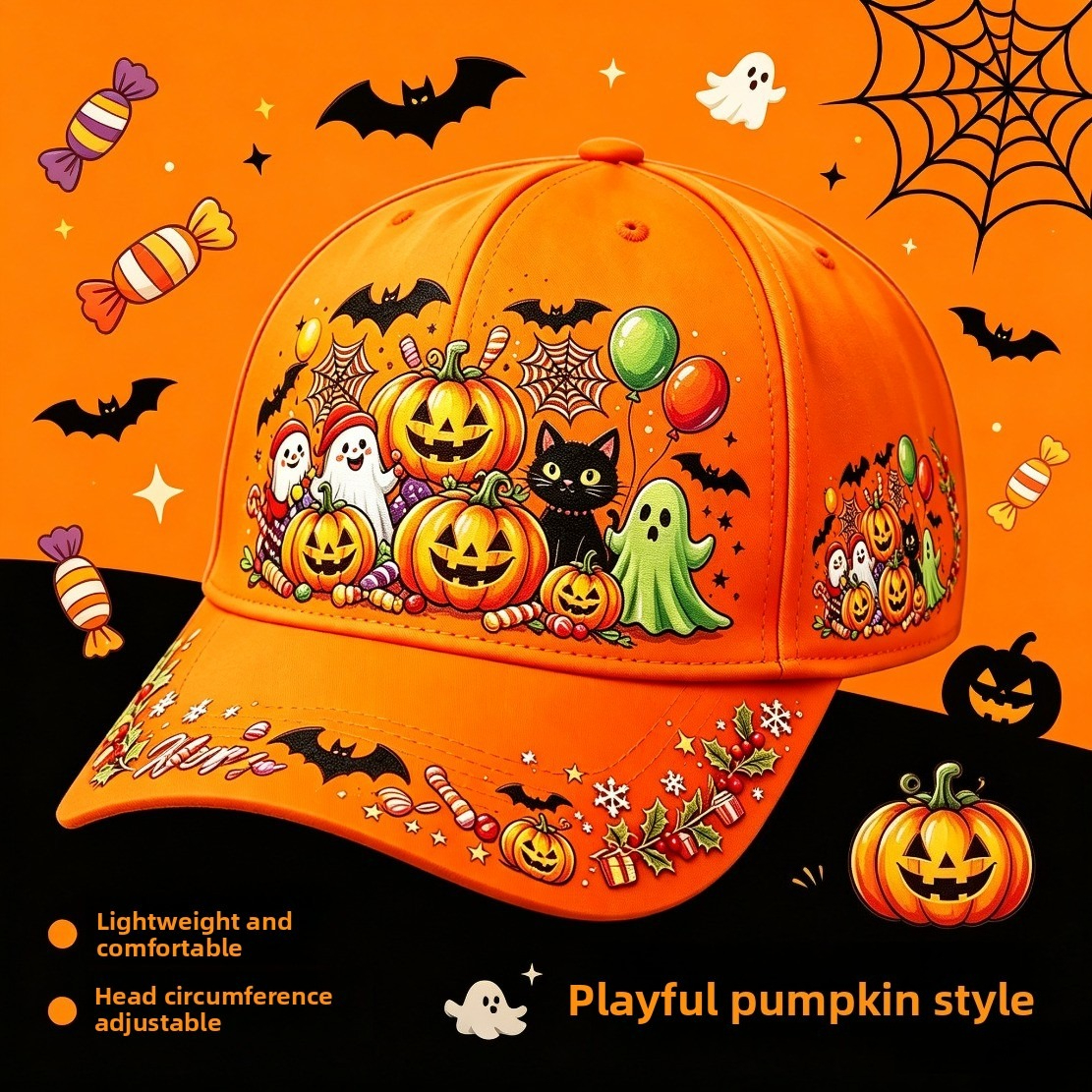 TEMU Halloween Cute Pumpkin Black Cat Baseball , Lightweight Comfortable Adjustable Head Size Hat, Unisex Casual Sun For Halloween Costume, Party,