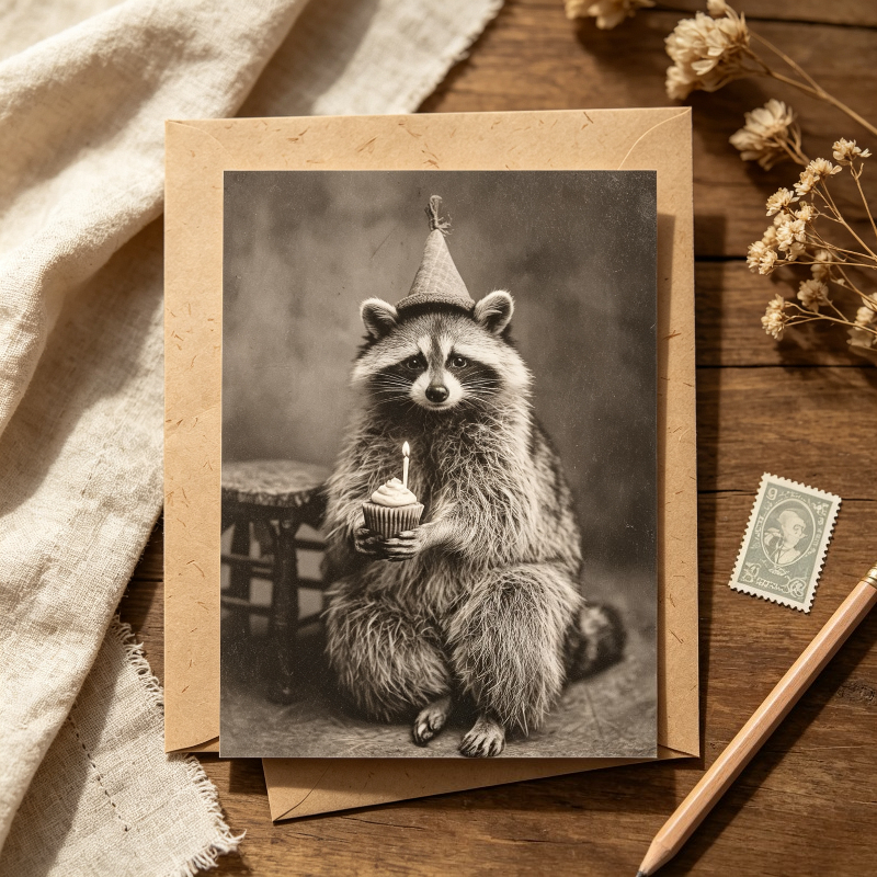 TEMU Vintage Raccoon Birthday Greeting Card, Old Photo Style Fluffy Raccoon Wearing Party Hat Holding Frosted Cupcake With Single Candle Retro