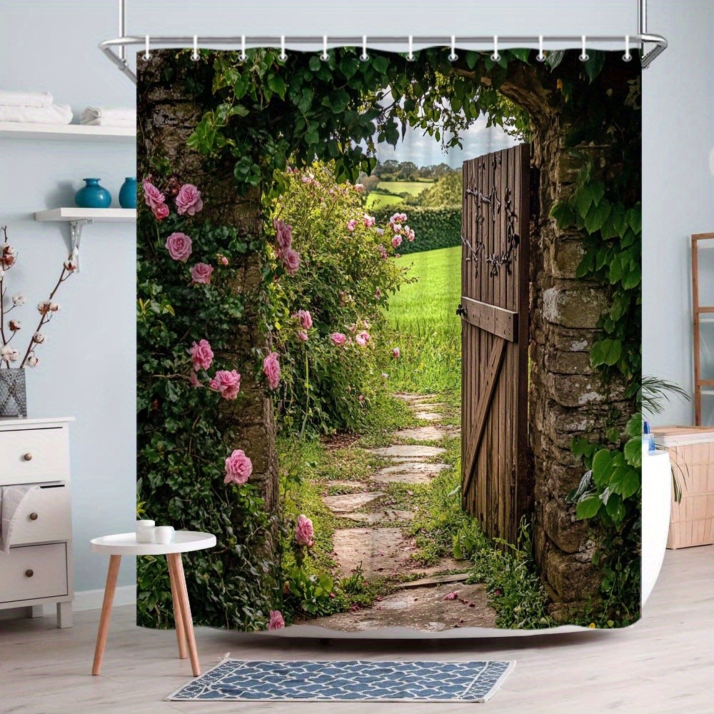 TEMU 1pc Rustic Wooden Door Shower Curtain, Ivy Climbing Rose Print Shower Curtain, High-end Elegant Bath Curtain For Home Decor, Punch-free With