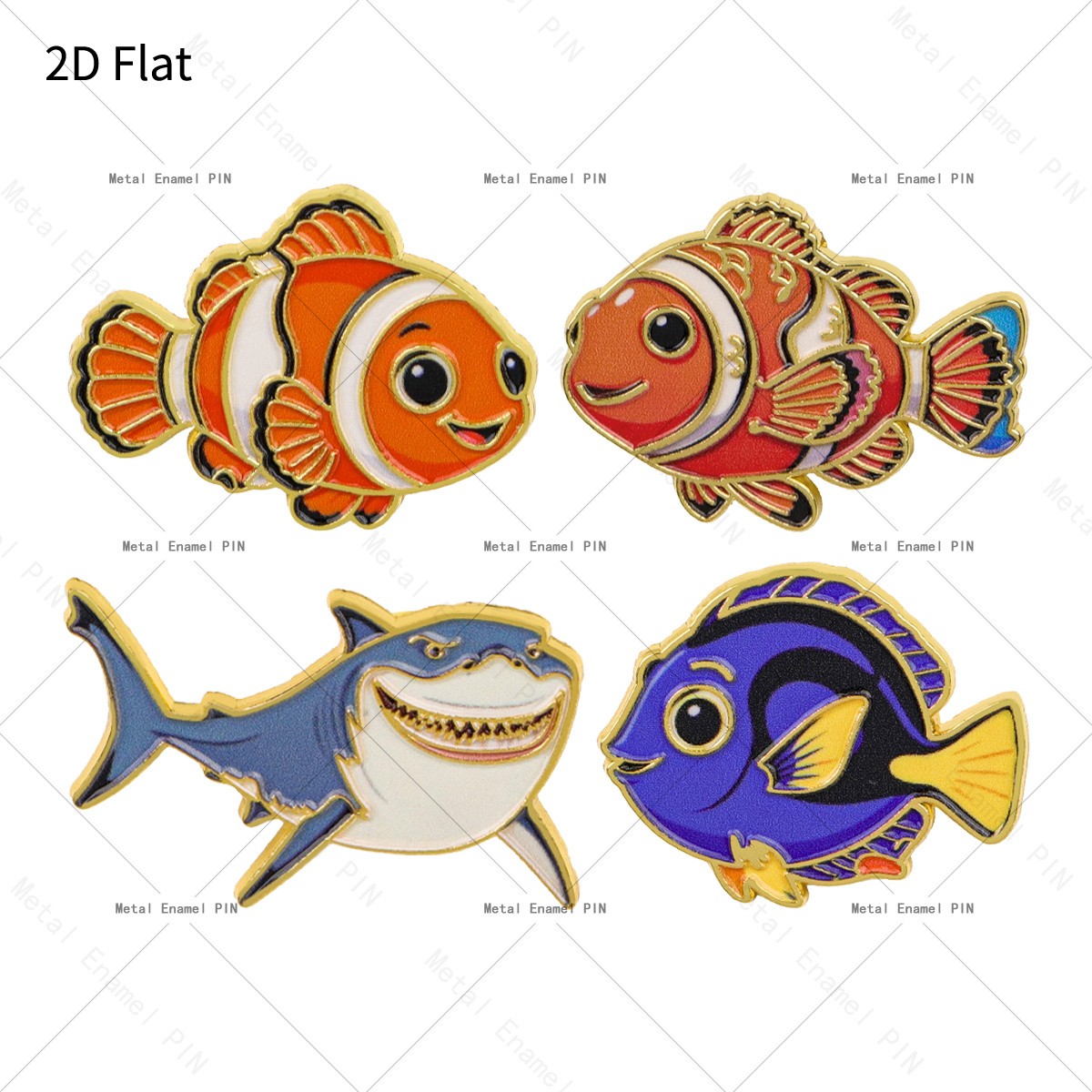 TEMU 2d Flat 4pcs/set Cute Cartoon Clownfish And Shark Ocean Animal Lapel Pins Enamel Pins And Brooches Badge Pins For Backpacks Bags Backpack Cool