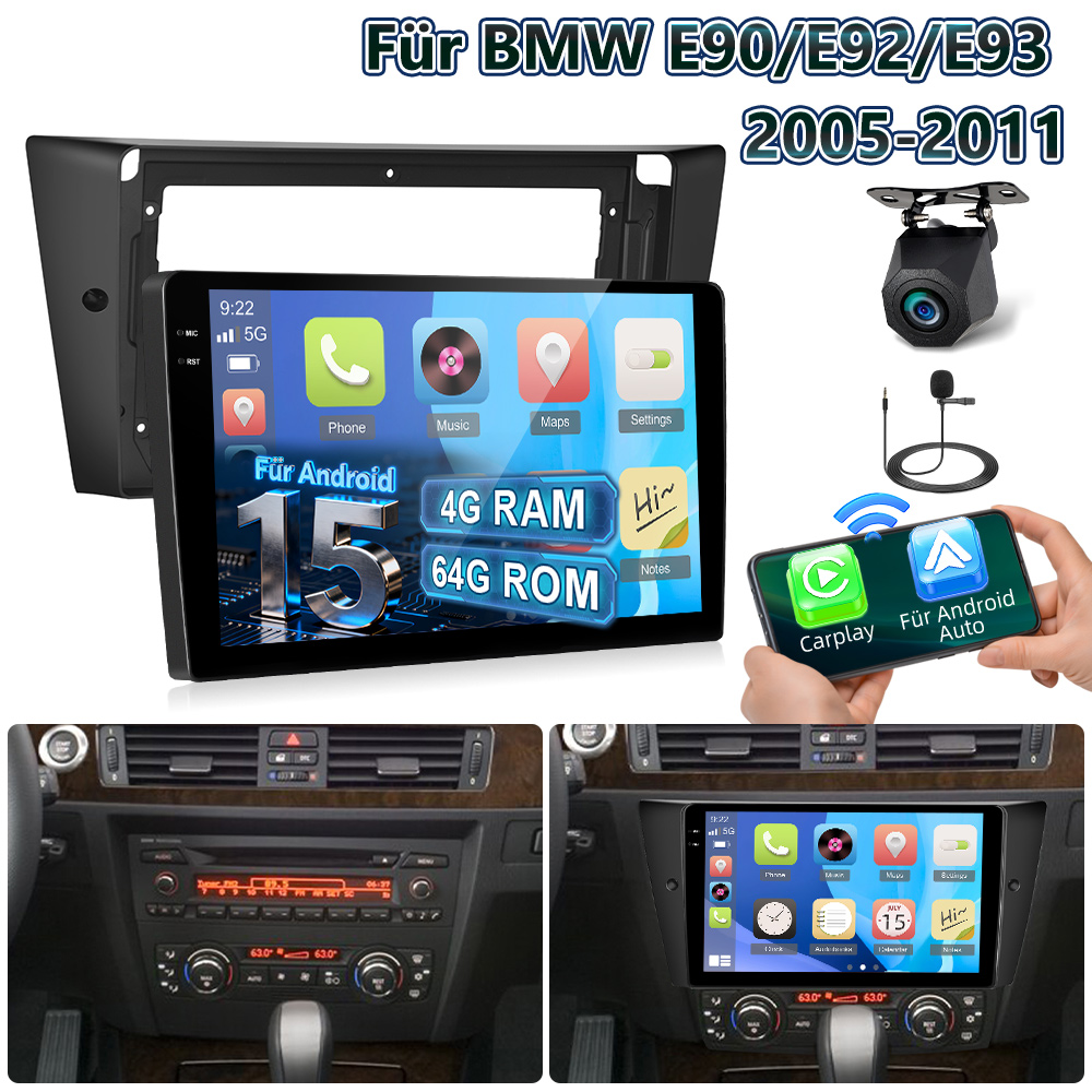 15 Car Radio With 4gb For And 64gb Storage For E90/e92/e93 Models From 2005 To 2011, Featuring , A 9-inch Screen, Gps Navigation, , Fm/rds Radio, And Reversing Camera With Microphone, Without Battery