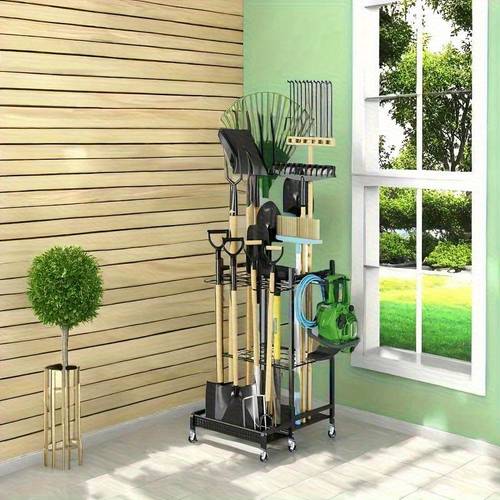 mobile heavy duty black metal tool organizer with wheels 3 tier garage garden storage rack for shovels rakes brooms and more durable outdoor utility organizer for yard and shop display storage racks