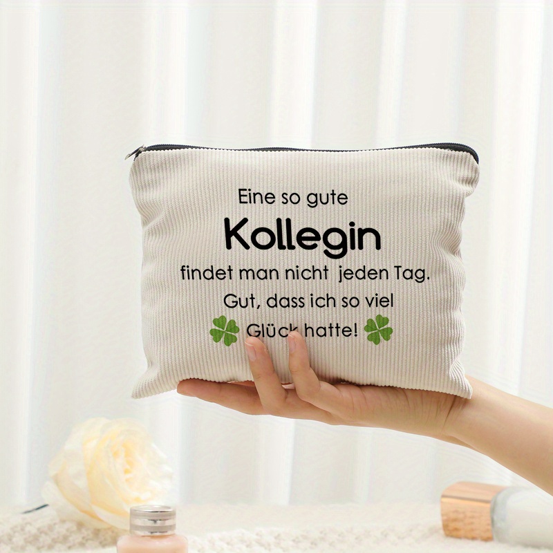Image of 1pc Eine So Gute Kollegin Patterned Corduroy Zipper Makeup Bag, Lightweight And Multifunctional Makeup Storage Bag Colleagues Gift Colleague Farewell Gift Gift Valentine's Day Christmas For Colleague