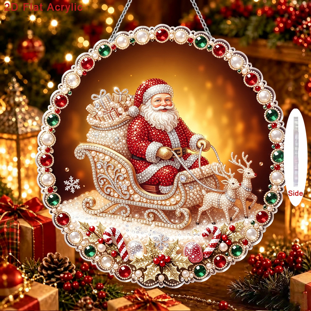 TEMU 2d Flat - 2d/flat Printing New Wavy Round Acrylic Pearl Drill Pendant Kit Featuring Santa Claus And Reindeer Sleigh Design, Includes Drill Tool