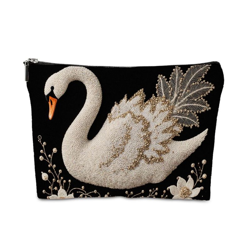 TEMU 1pc Cosmetic Bag, Elegant Swan Clutch Bag - Stylish Black Fabric Pouch With Detailed Beaded Design, Perfect For Evening Events, Weddings, Or