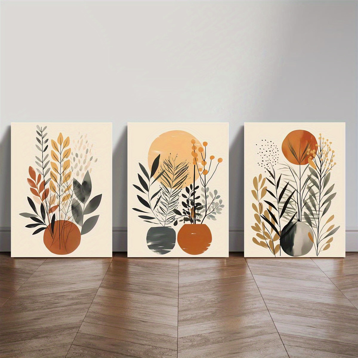 TEMU 3pcs Frameless Canvas Decorative Paintings, Bohemian Style, Floral Plants, Vintage Minimalist Paintings, Mid-century Art, Black, Beige,