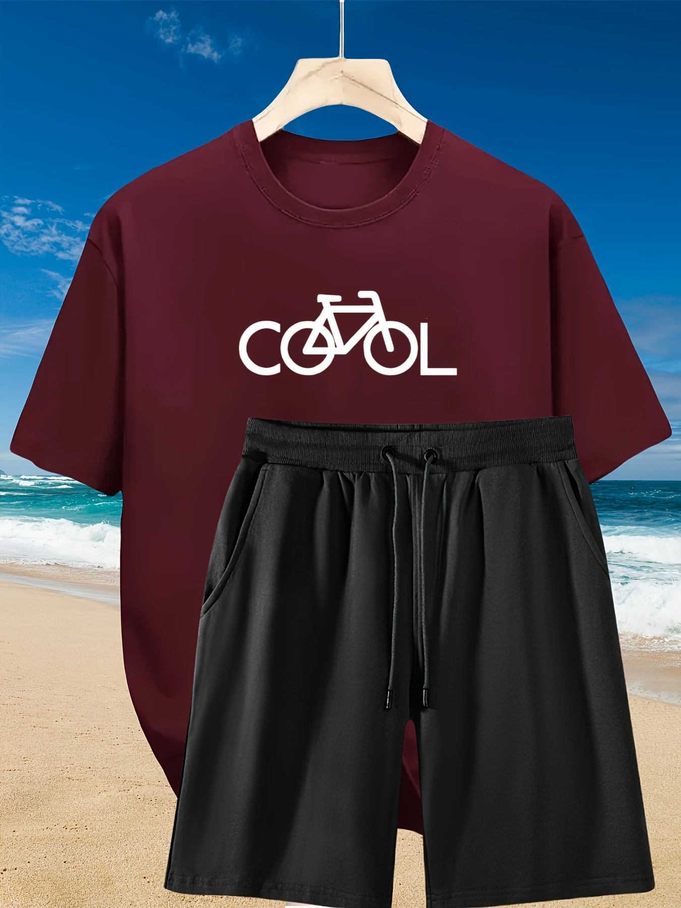 2pcs Men's Summer Casual Outfit: Relaxed Fit Cotton T-Shirt & Drawstring Shorts Set -Bike Printed - Sporty, Comfortable, Beach-Ready, Summer Shorts, for Daily & Weekend Casual Wear
