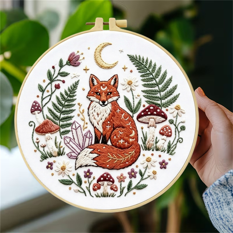 DIY Celestial Magic Red Fox & Moon Embroidery Kit for Beginners
