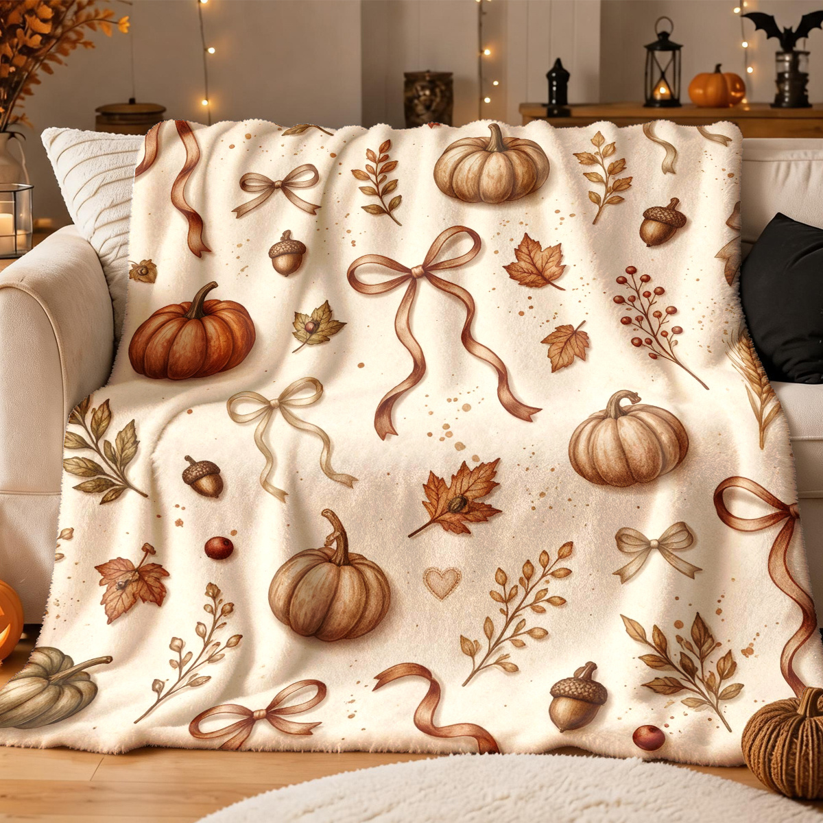 TEMU 1pc Caramel Bow Pumpkin Autumn Leaf Theme Flannel Blanket- Large Size, Soft, Lightweight And Warm, Suitable For - Perfect For Use On, Sofas, In