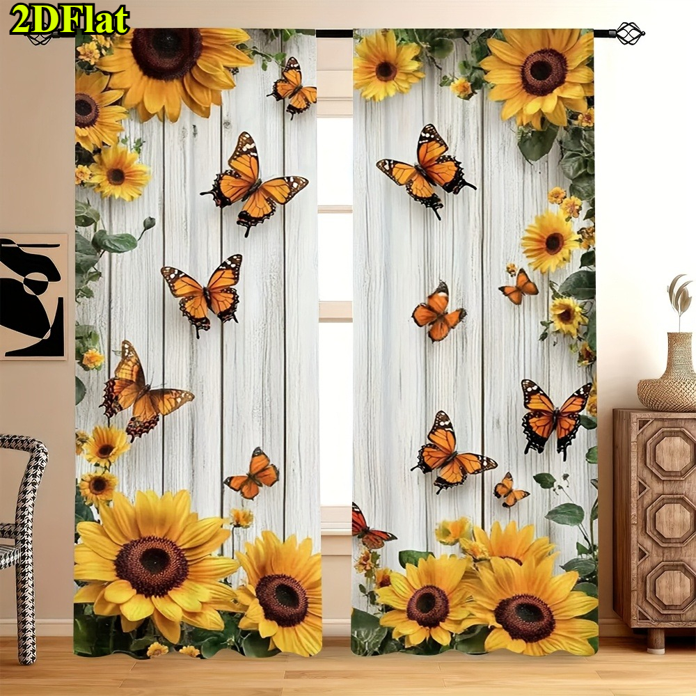 TEMU 2d Flat, 2d Flat Print 2pcs Set Of And Sunflower Spring/summer Blackout Curtains, Suitable For Bedrooms, Living Rooms, Kitchens, And Bathrooms,