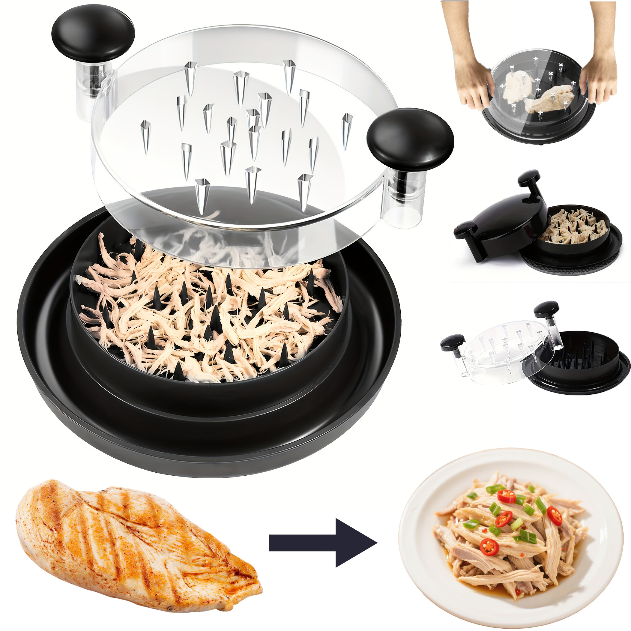 Picadora de Pollo, Perfecta para Picar Pollo, Repollo, Carne de Res y Verduras, con Tapa Transparente - Cuchilla Giratoria Grande Antideslizante, Fácil de Usar y Limpiar, Diseño Duradero de Plástico Seguro para Alimentos, Negro, Gadget de Cocina, Utensilios de Cocina Modernos