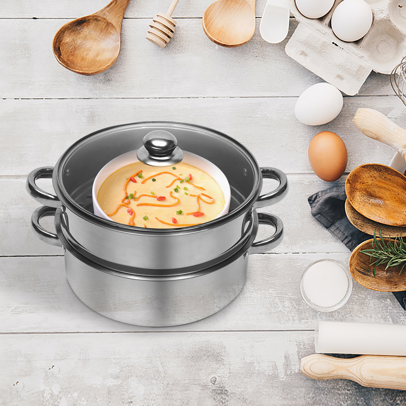 Image of 5 Tier Stainless Steel Steamer Cooker Kitchen Food Cooking Set With Glass Lid Steaming System Heat Distribution Dishwasher Safe For Vegetables Seafood Healthy Cooking
