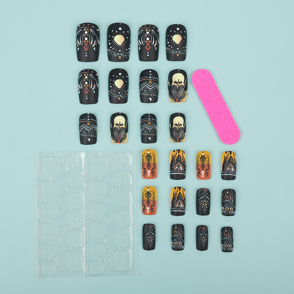 TEMU 24pcs Bohemian Press On Nails- Mysterious Patterns With Black Yellow Orange Color Blocking On Almond Shape, Self Adhesive Fake Nails For Women,