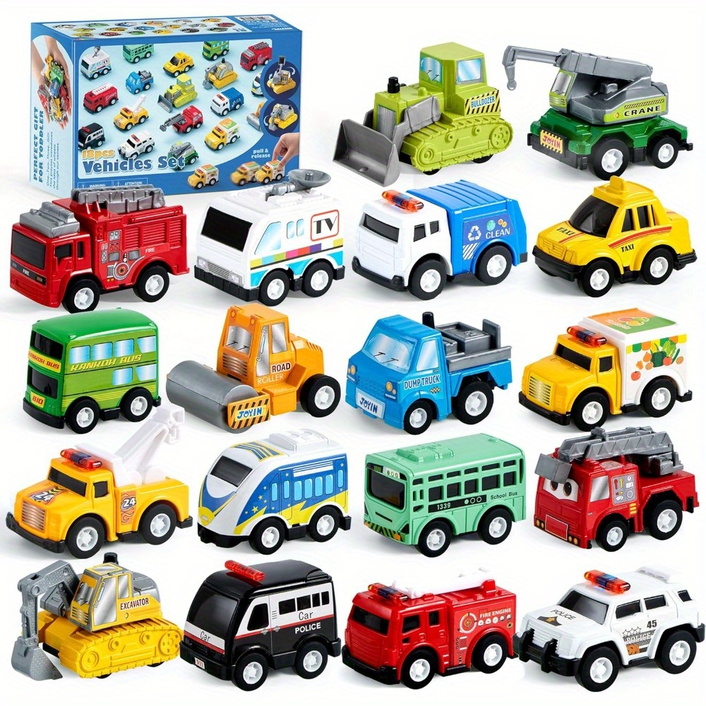 18pcs pull back   trucks set friction powered toy vehicles for toddlers educational play for boys girls perfect goodie bags stuffers multi item party favor packs for children perfect christmas birthday gifts for boys and girls