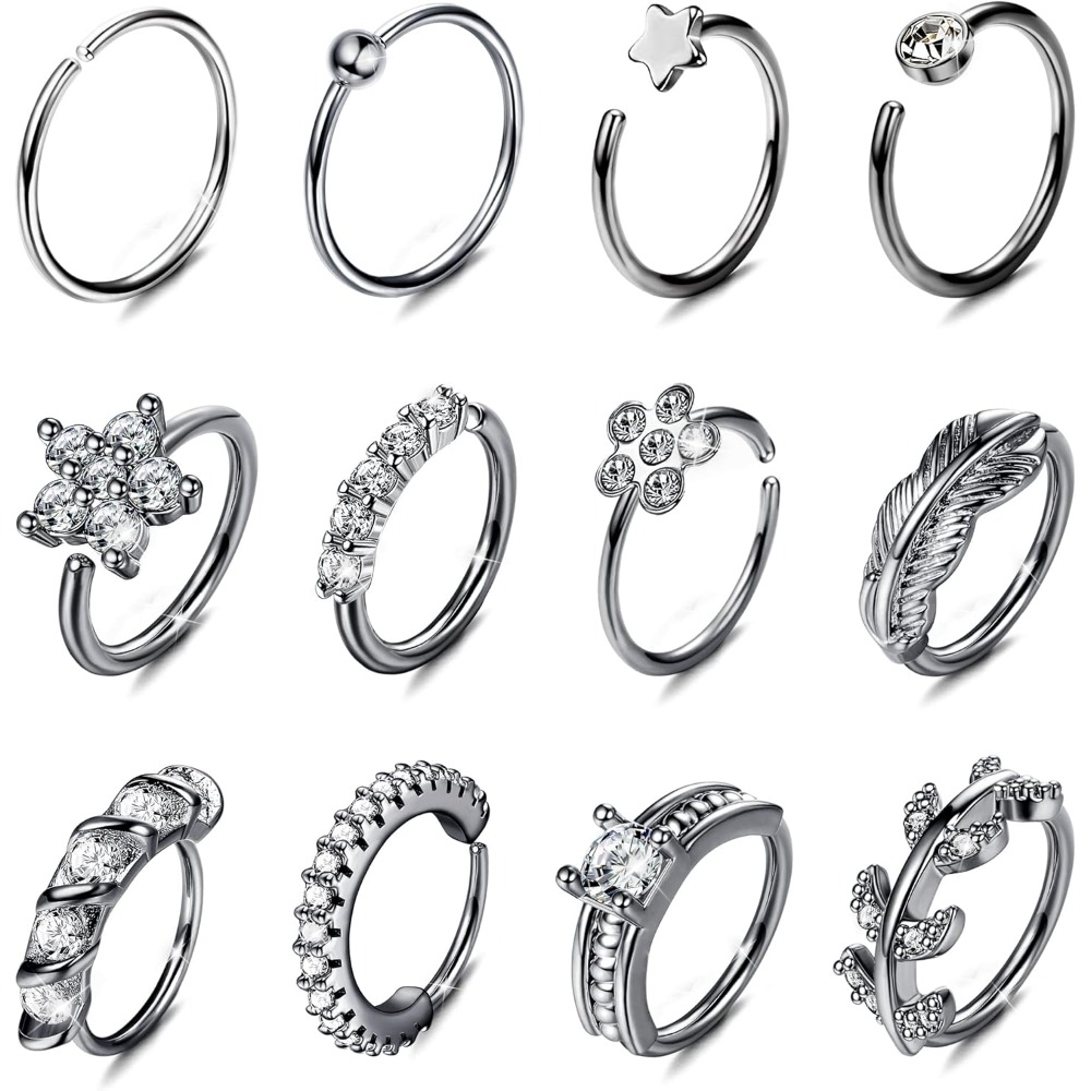 Image of 12pcs Stainless Steel Nose Ring Hoop Synthetic Zirconia Design Cartilage Earring For Women