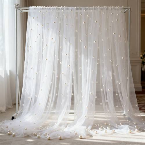 1pc 9 84 16 4ft large sized elegant high quality bead embellished soft tulle mesh fabric table runner backdrop sheer curtain valance durable polyester fiber fabric perfectly suitable for weddings christmas valentines day