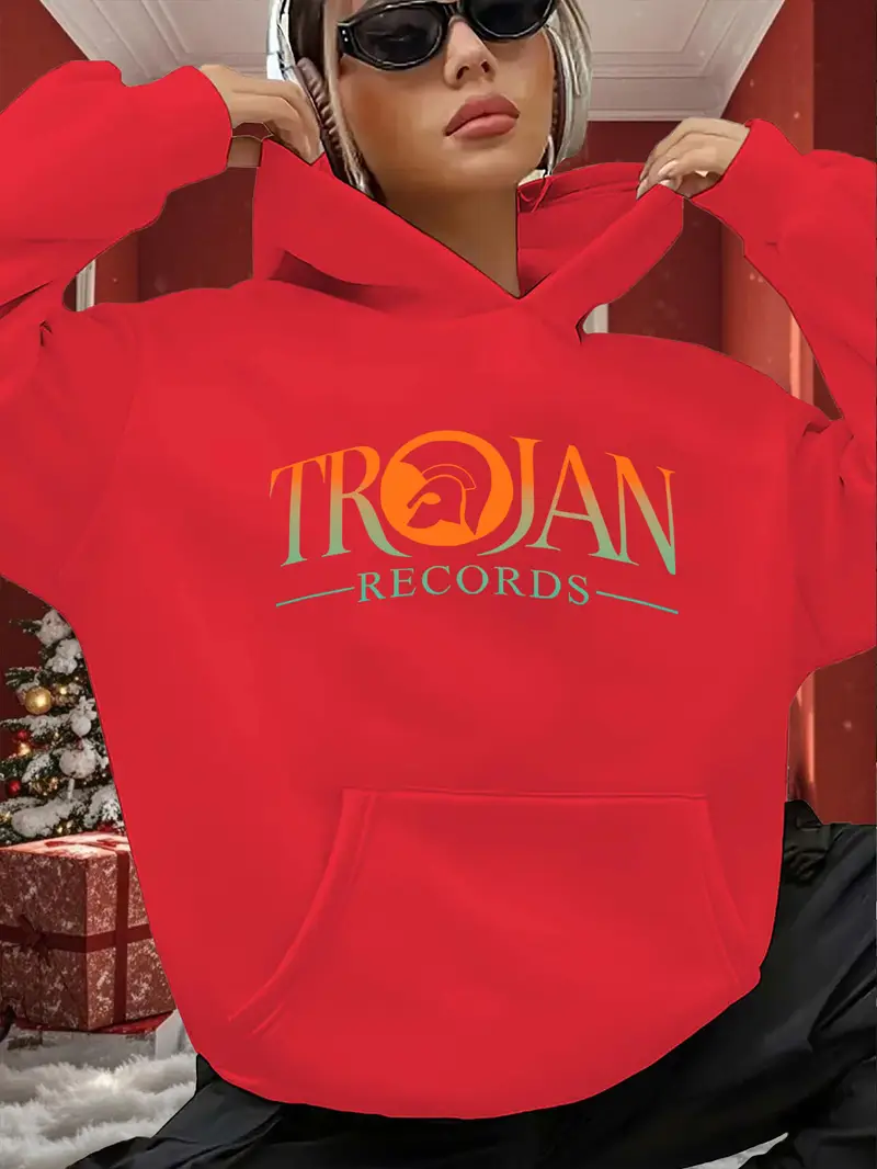 Red Women's Hooded Sweatshirt with Trojan Records Graphic Print & Spartan Helmet Design -