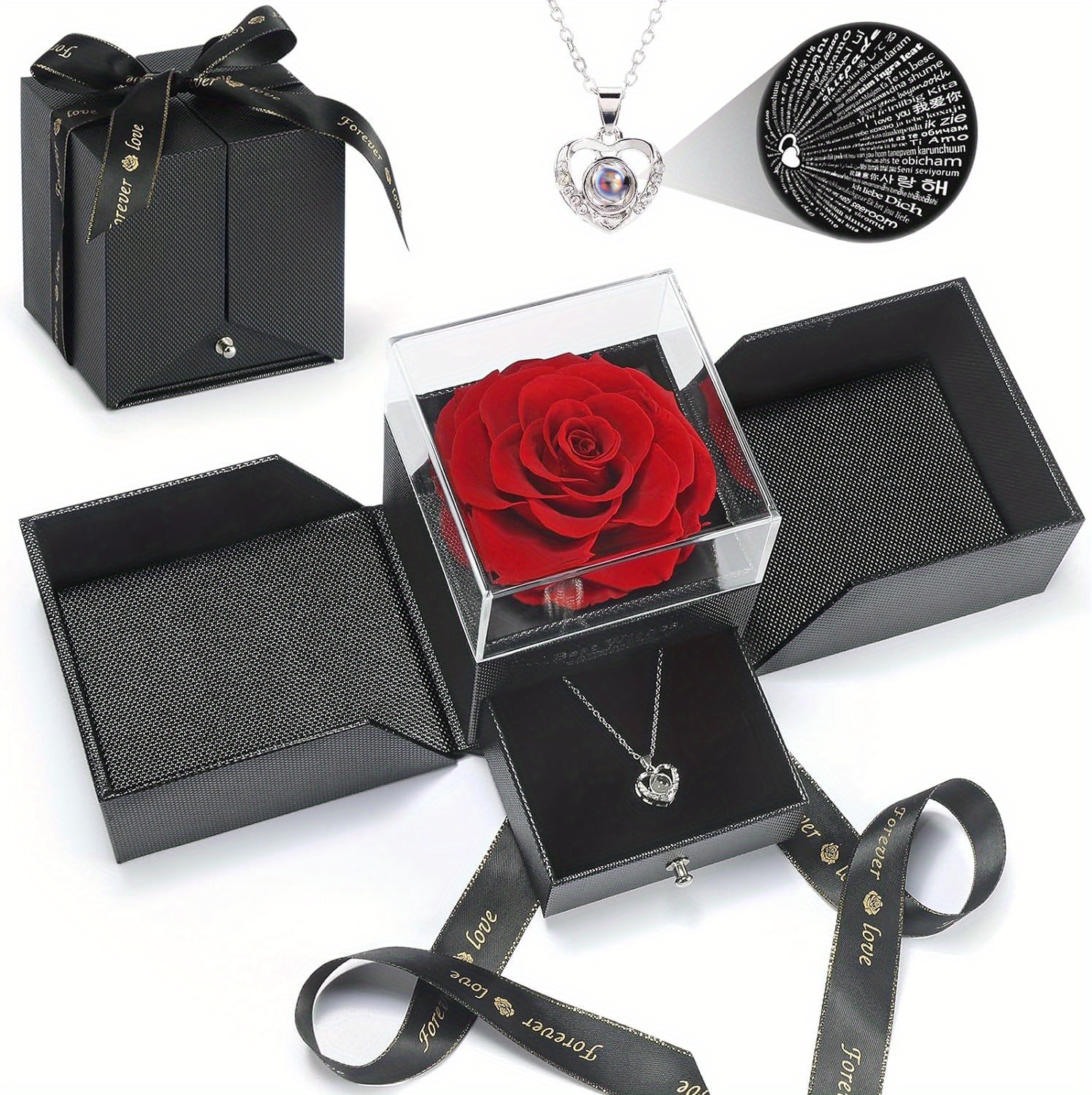 handmade bohemian style acrylic jewelry gift box with   red rose double door storage for necklaces rings drawer organizer black fabric lined interior ribbon bow valentines day anniversary mothers day gift for women moms   jewelry box keepsake organizer elegant   decorative   jewelry boxes Product details 2