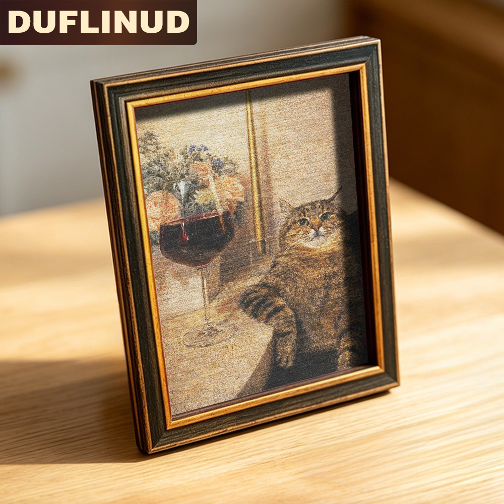 TEMU Wooden Fridge Magnet Suitable & Refrigerator - Vintage Picture Frame With Cat & Wine Glass , Wood Decoration, Retro Suitable For Home Ornament,