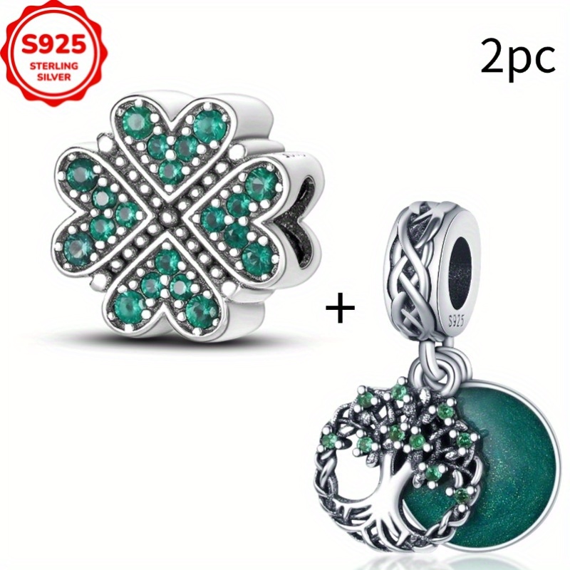 2pcs Of 925 Sterling Silver Heart-shaped Clover Women's Fashionable Charm Beads Suitable For Diy Bracelets, Necklaces, Engagement Birthday Gifts