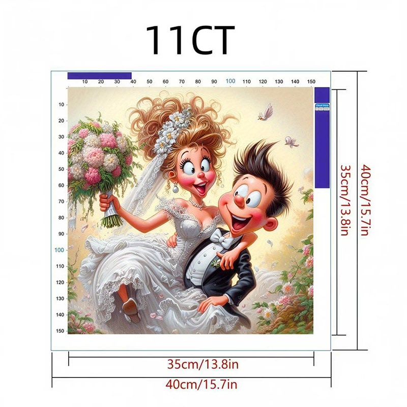 TEMU Diy High - Quality Art Cartoon Wedding Scene Cross - Kit, 11ct Polyester Printed, Multiple Specifications Available, Suitable For Living Room Or