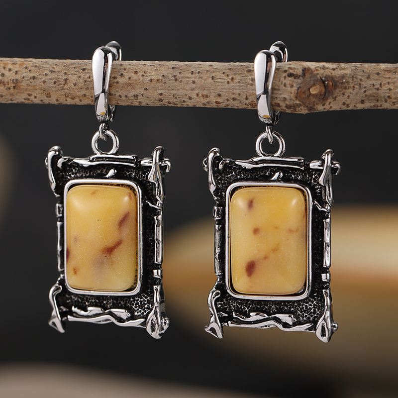 Retro Bohemian Bracket Earrings, Silvery Resin Pendant