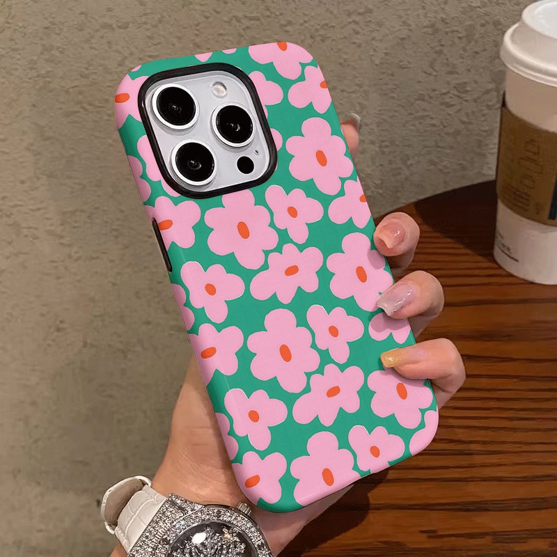 TEMU Phone Case: Fashionable 2-in-1 Phone Case With Small Pink Flowers And Green Patterns, Sturdy And Durable. This Double-layer Phone Case Is