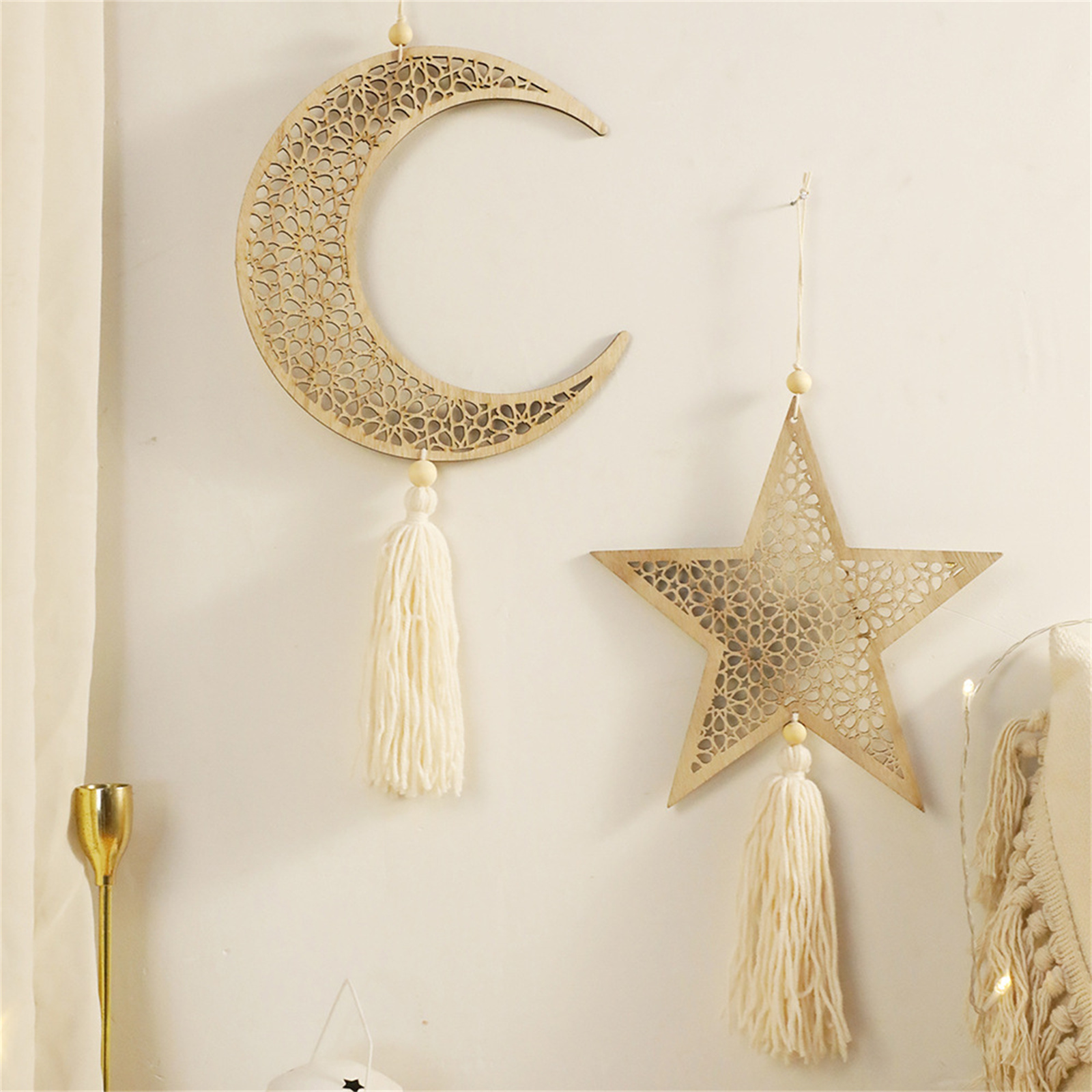Image of Star And Wooden Crafts Pendant Bedroom Wall Decoration Hanger Decoration Hollow Wood Wall Hanging Decoration Tassel Moon Star Pendant Festival Eid Al Fitr Decoration